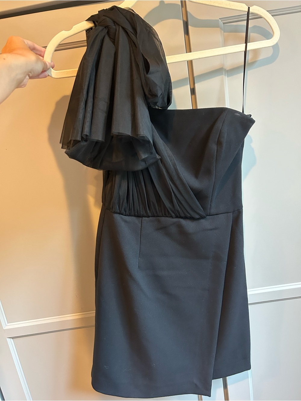 French Connection Black One-Shoulder Mini Dress with Draped Ruffle